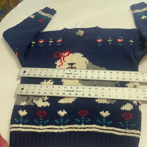 Vintage English Sheepdogs Puppies Woolrich Navy Blue Knit Wool Sweater Sz Small - Picture 5 of 9